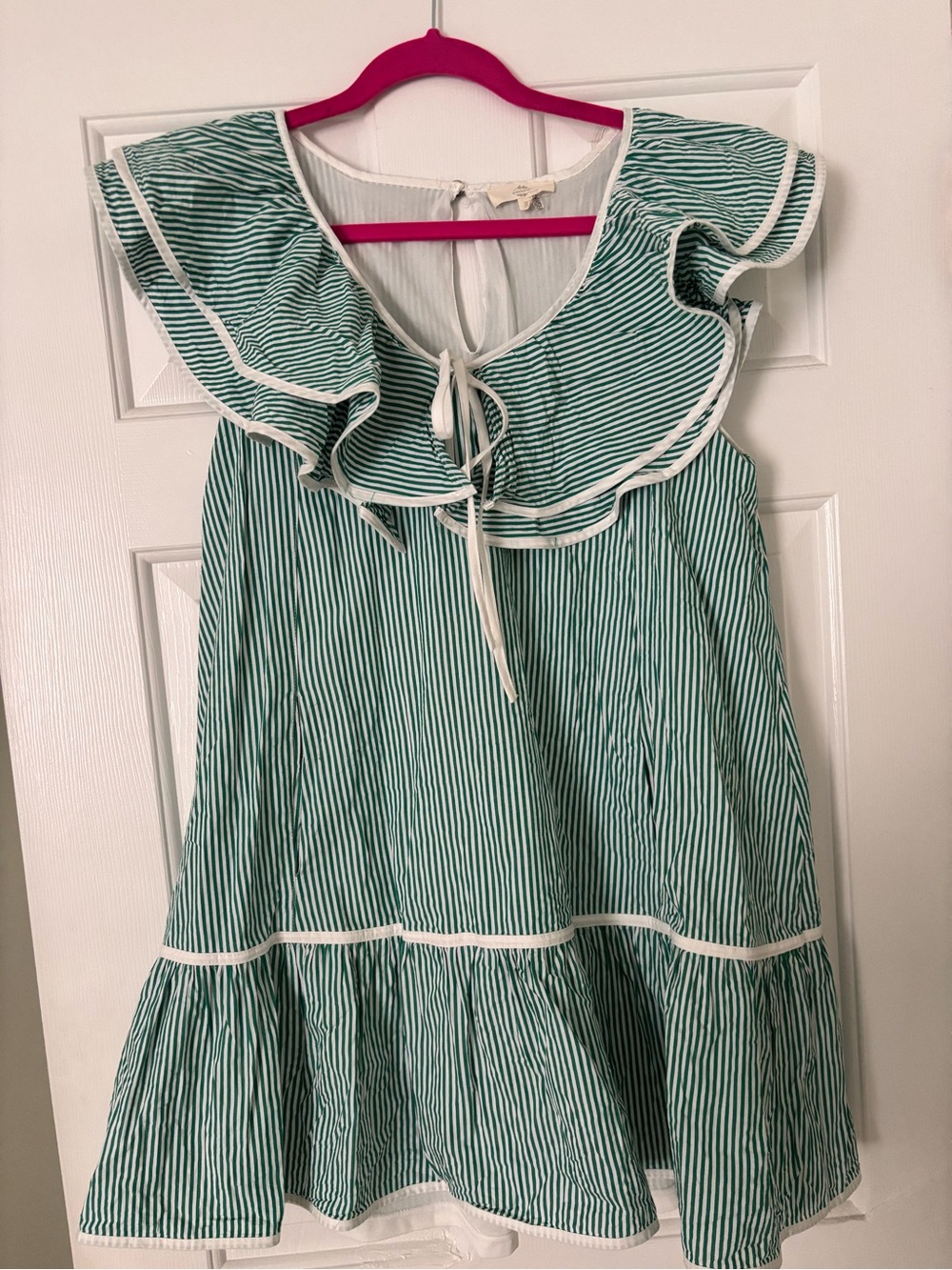 entro Green and White Striped Ruffle Mini Dress